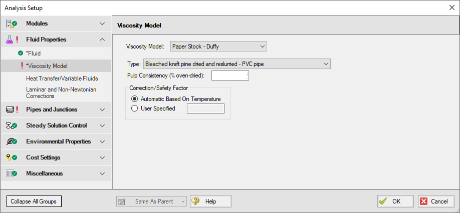 The Viscosity Model panel in Analysis Setup. Paper Stock - Duffy is selected for the Viscosity Mode.